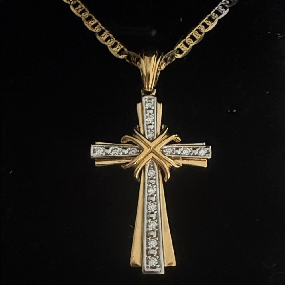 Moisanite Cross Pendant Necklace set in 14kt gold over 925 Sterling. 1 1/2”